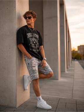 Men's Distressed Denim Shorts -  Gray